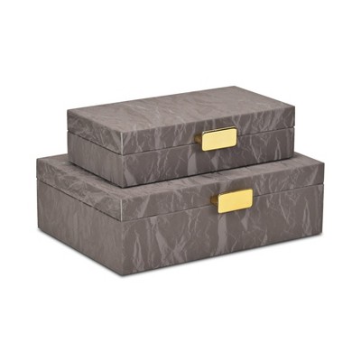 Cheung's Ausel Crinkled Gloss Pattern Set of 2 Boxes with Gold Handles - Dark Gray