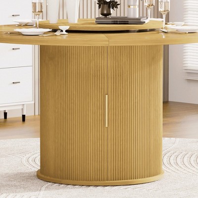 GDFStudio Elodie Rustic Wooden Round Dining Table with 2-Tier Storage Rack and Rotating Tabletop Tray