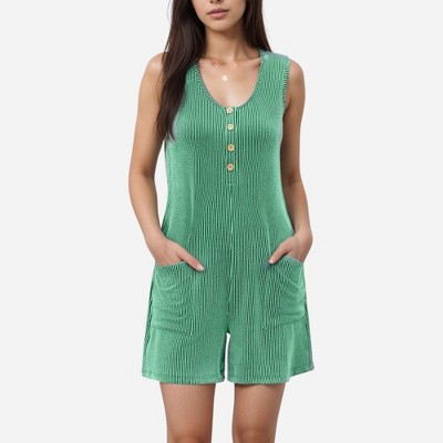 Anna-Kaci Women's Textured Knit Sleeveless Romper with Button Front Detail and Side Pockets