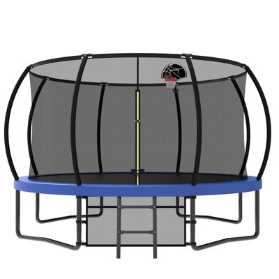 Aukfa 12FT Pumpkin Shape Trampoline with Enclosure Net,  Basketball Hoop, Storage Bag & Stability Bar for Backyard