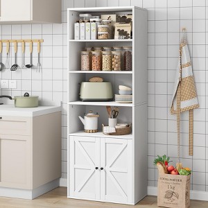 Farmhouse Bookcase with Doors 11.8in Depth Display Storage Shelves 71.4in Tall Industrial Bookshelf Wooden 6 Shelf Bookshelves - 1 of 4