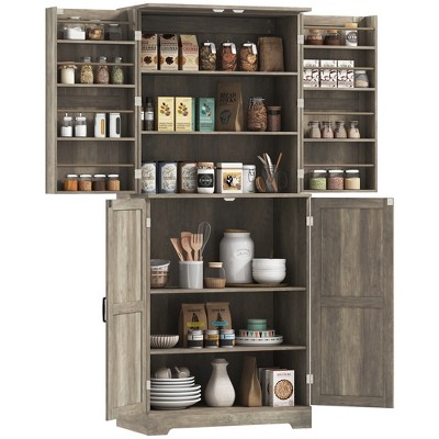 HOMCOM 72" Farmhouse Kitchen Pantry Cabinet, Tall Storage Cabinet with 4 Barn Doors, 4 Adjustable Shelves, 8 Door Shelves, Gray Wash