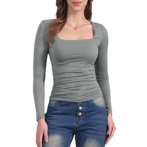 INSPIRE CHIC Women's Square Neck Long Sleeve Shirred Fitted Stretch Casual Basic Blouse - 1 of 4