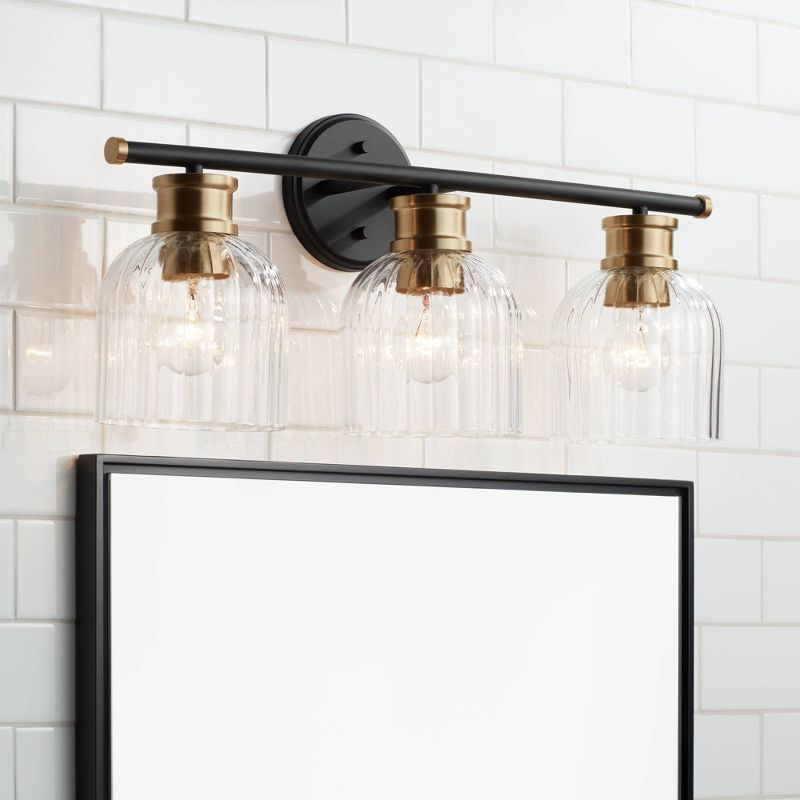 Stiffel Mid Century Modern Wall Light Black Brass Hardwired 23" 3-Light Fixture Clear Glass Shade for Bathroom Vanity Mirror House, 3 of 11