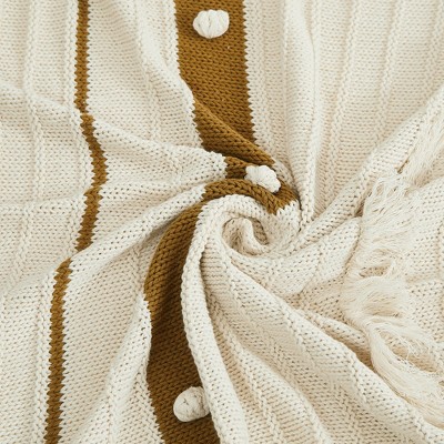Ivory and Gold Cotton Knit Reversible Throw Blanket