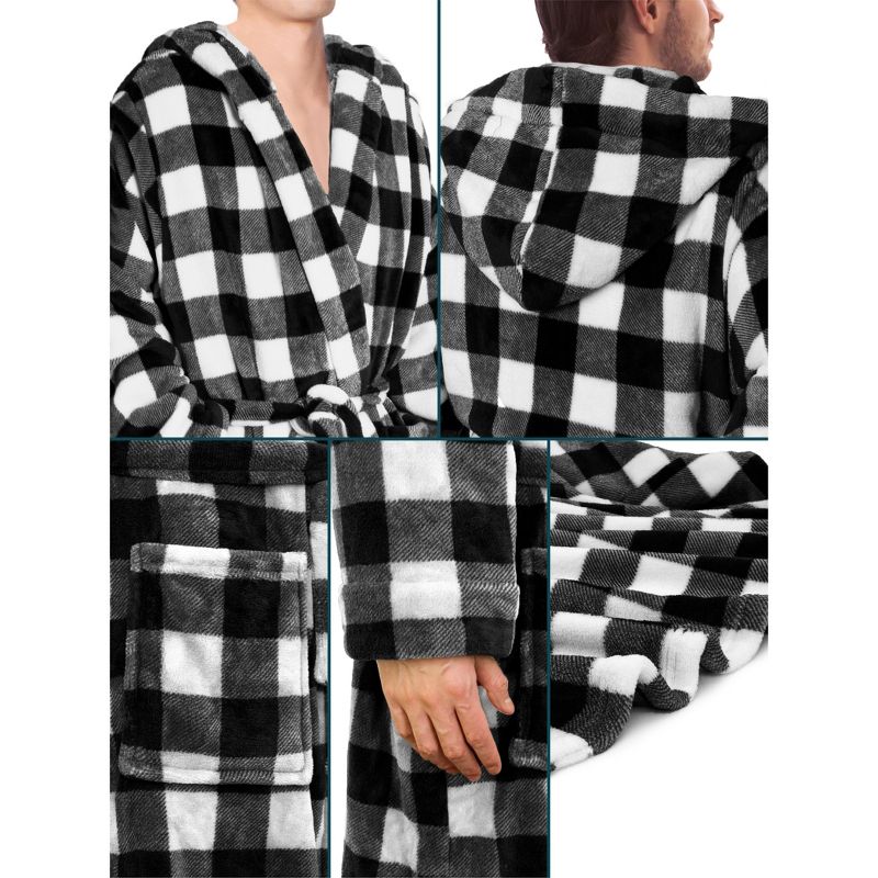 PAVILIA Mens Robe, Hooded Soft Bathrobe for Men, Fleece Plush Warm Shawl Collar Hood Pockets for Bath Shower Spa, 4 of 8