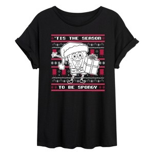 Women's - SpongeBob SquarePants - Spongebob Xmas Sweater Oversized Graphic T-Shirt - 1 of 4