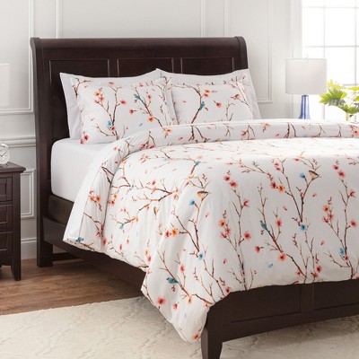 Twin White and Multicolor Microfiber Sakura Tree Duvet Cover Set
