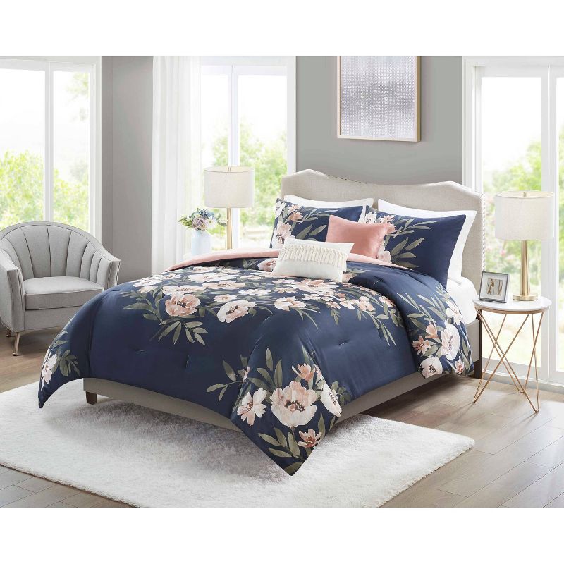 Leilani Floral Print Comforter Bedding Set Navy/Blush, 1 of 8