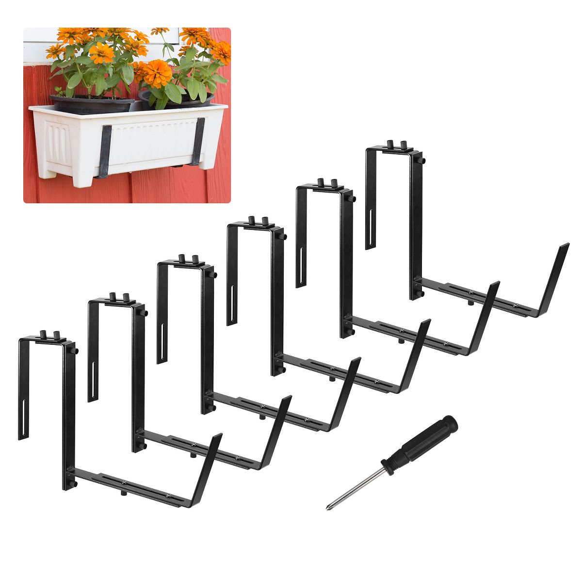 Unique Bargains Adjustable Universal Window Iron Planter Box Brackets With Wall Mounting Hook Black 6 Pcs