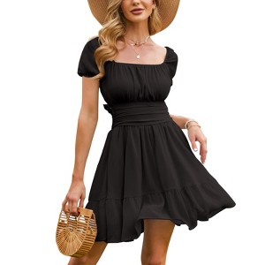 EXLURA Women's 2025 Summer Short Puff Sleeve Casual Short Mini Dresses Tie Back Square Neck A-Line Sundress - 1 of 4
