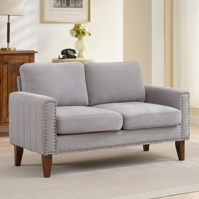 Hyleory 57.48'' Upholstered Linen Nailhead Loveseat Sofa with Solid Wood Legs