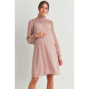 Hello Miz Women's Smocked Neck Long Sleeve Textured Dot Maternity Dress - 1 of 4