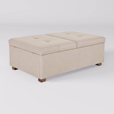 Beige Tufted Double Storage Ottoman with Solid Wood Legs