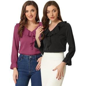 INSPIRE CHIC Women's Office Work Ruffle V Neck Long Sleeve Chiffon Peasant Blouse 2 Packs - 1 of 4