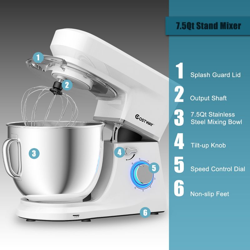 Costway Tilt-Head Stand Mixer 7.5 Qt 6 Speed 660W with Dough Hook, Whisk & Beater White, 5 of 11