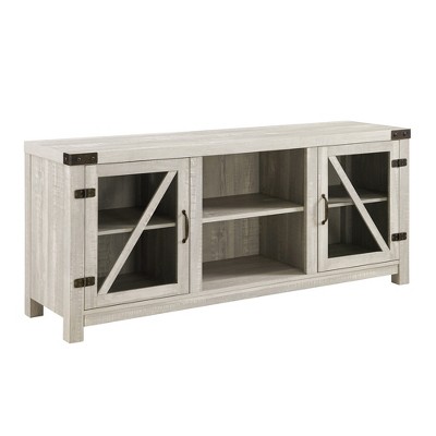 Clarabelle Farmhouse Glass Barn Door TV Stand for TVs up to 65": Adjustable Shelves, Cable Management - Saracina Home
