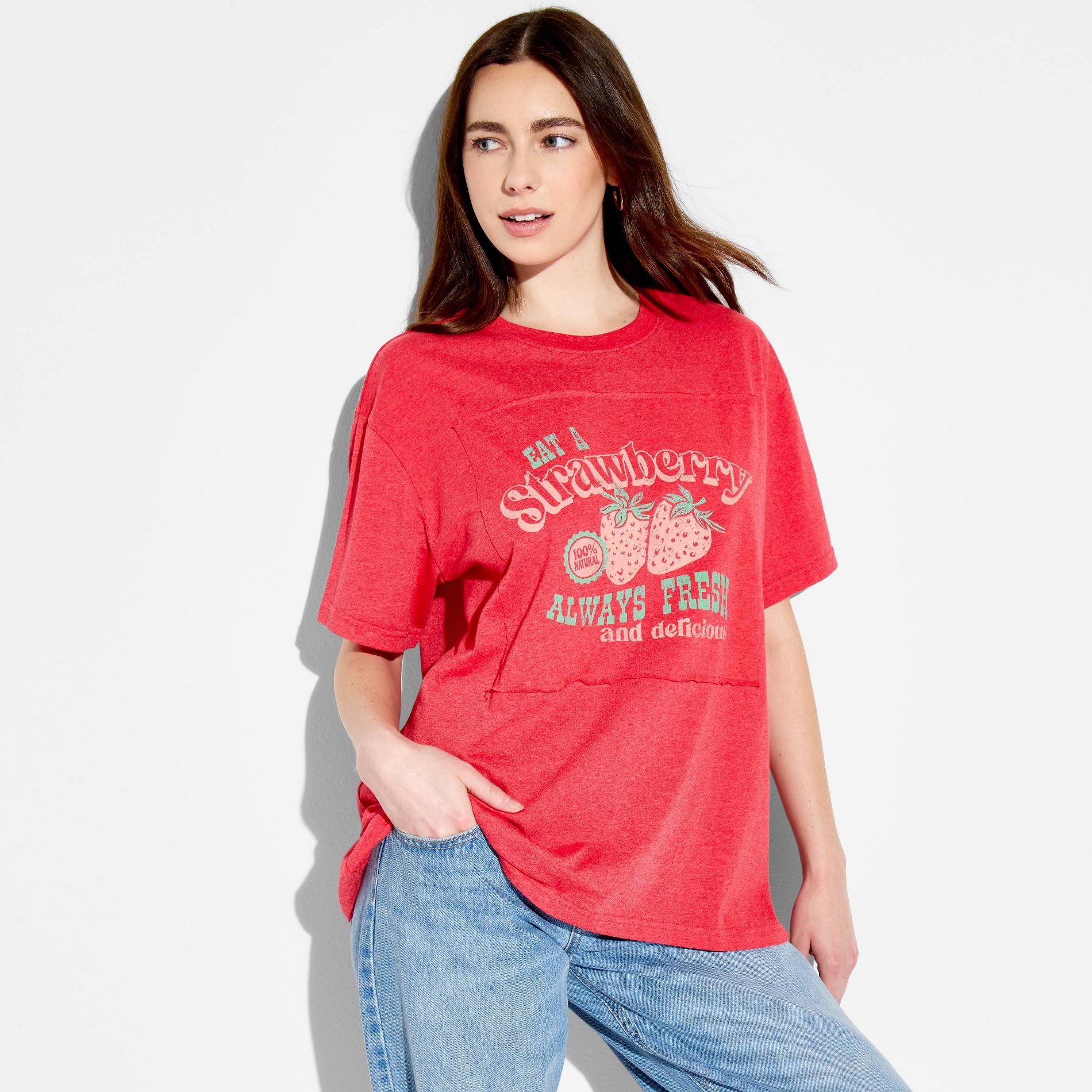 Women's Strawberry Oversized Short Sleeve Graphic T-Shirt - Berry Red