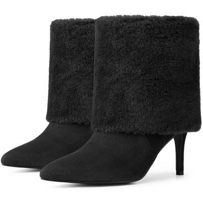 BLISSFUL STEP Women's Faux Fur Stiletto Heel Pointed Toe Ankle Boots
