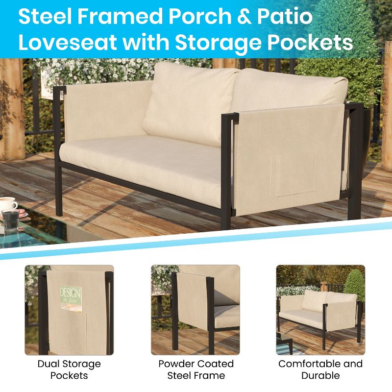 Emma and Oliver Indoor Outdoor Patio Loveseat, Steel Framed Club Chair with Cushions and 2 Storage Pockets, 4 of 11