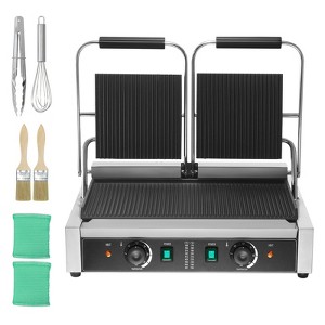 VEVOR Commercial Panini Grill, 3600W Electric Sandwich Panini Maker, Stainless Steel Double Sandwich Press, 19"x9" Full Grooved Enamel Plate - 1 of 4