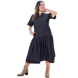 tiered denim maxi dress Washed Strapless Midi Large The full skirt has side pockets Judith Denim Long Sleeve Tiered