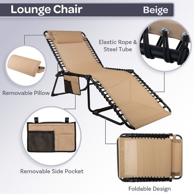 Beige Textilene and Iron Folding Outdoor Chaise Lounge Chair