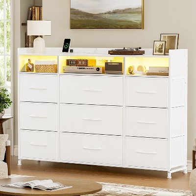 WOWLIVE 9 - Drawer Dresser with 2-Tier Open Shelf, Dresser with Power Outlet & LED, 43"W Dresser for Bedroom, TV Stand