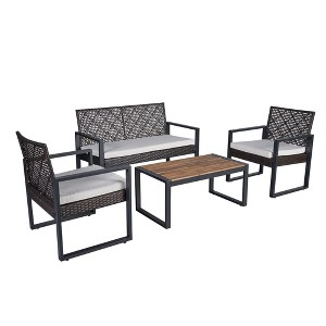 Dexmalle 4 PCS Outdoor Acacia Wood Sofa Furniture Set with Cushioned Chairs - 1 of 4