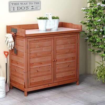 Outdoor 39" Potting Bench, Storage Cabinet Garden Shed with 2-Tier Shelves and Side Hook, Garden Workstation with Wood Frame-Coolbibila