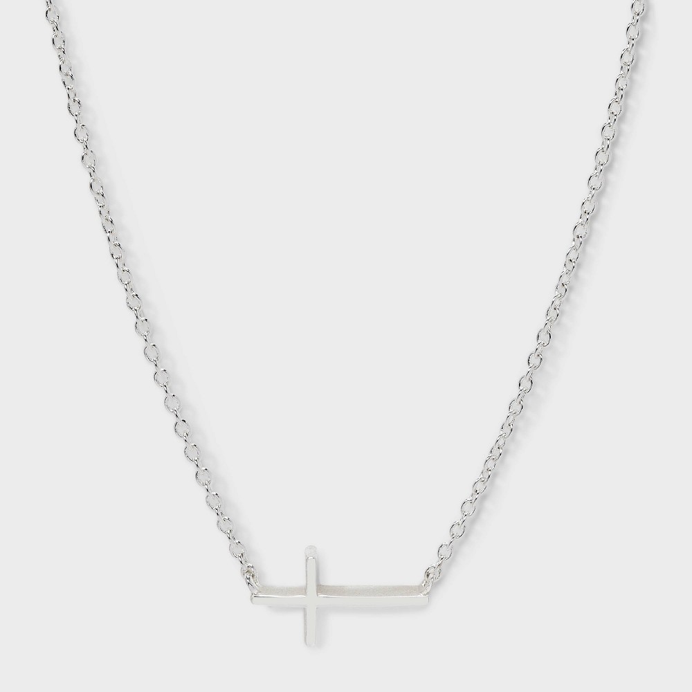 Photos - Pendant / Choker Necklace Silver Plated Cross Necklace - A New Day™ Silver