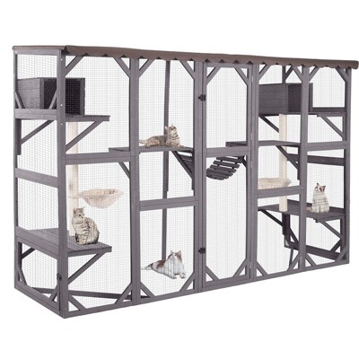 Aivituvin 104.33"L Large Wooden Outdoor Cat Enclosure with Open-Back Design-AIR7017