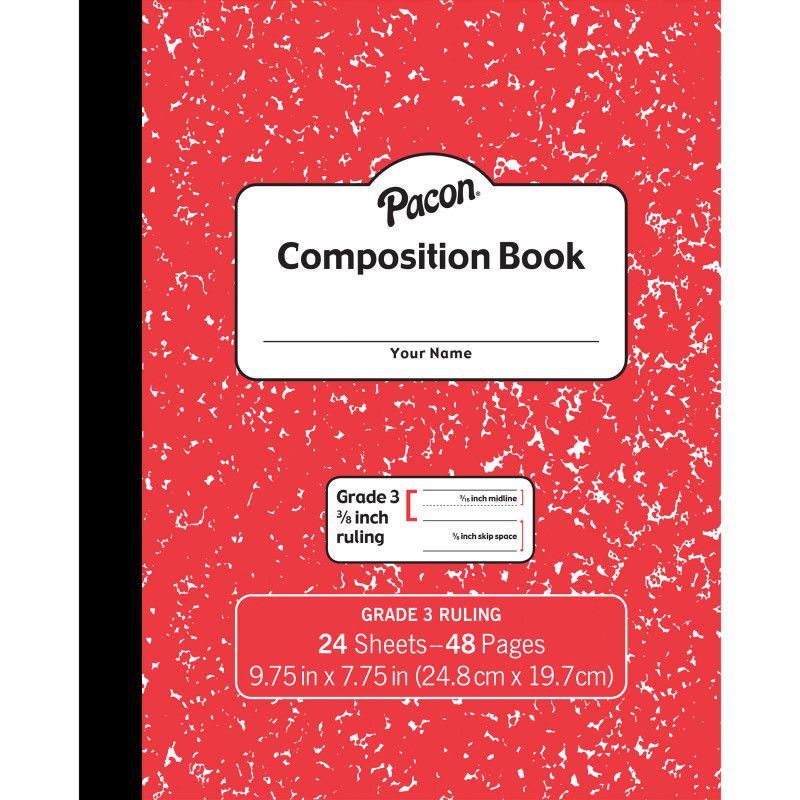 Pacon Composition Book, Grade 3, Red Marble, 3/8" x 3/16" x 3/16" Ruled, 9-3/4" x 7-3/4", 24 Sheets, 1 of 2