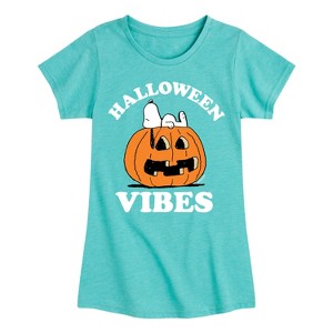 Girls' - Peanuts - Snoopy Halloween Vibes Jack O' Lantern Fitted Short Sleeve Graphic T-Shirt - 1 of 4