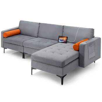 Costway Modular L-shaped Sectional Sofa with  Reversible Chaise & 2 USB Ports Ash Grey