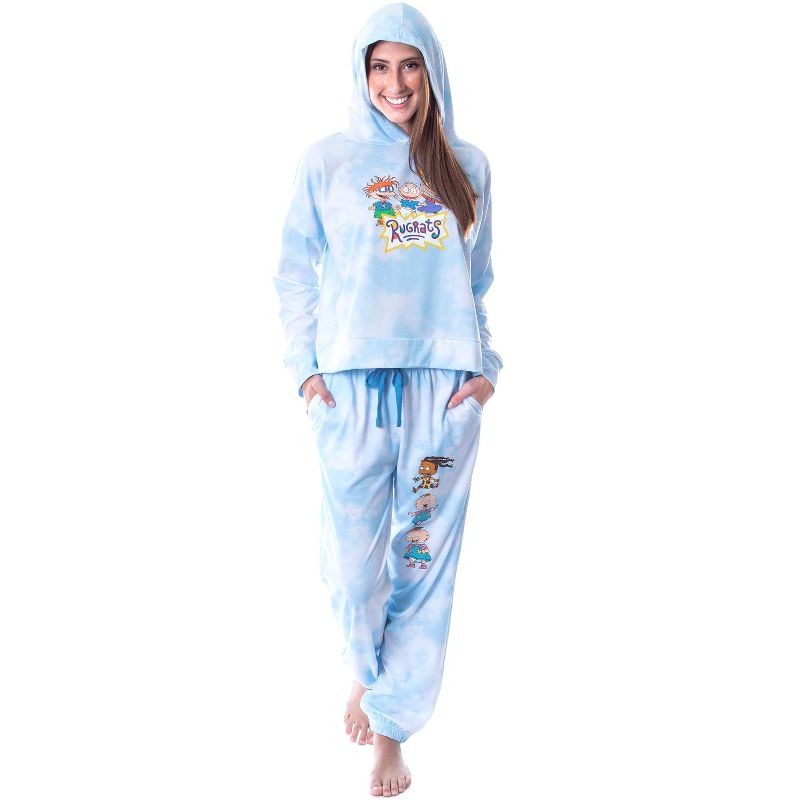Rugrats Cartoon Tie Dye Womens' Pajama Loungewear Cropped Hooded Jogger Set PJ Blue, 5 of 6