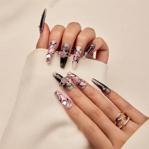 YEVYO Press on Nails Long Rhinestone Square Bling Glossy 3D Flower for Women and Girls On Fake Nails - Pink - 10 Pcs - 1 of 4
