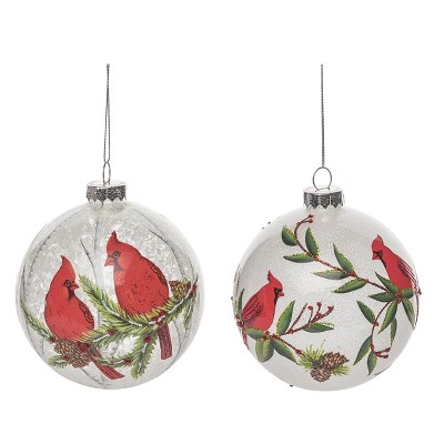Transpac Glass 4.5 in. Multicolored Christmas Painted Snow Cardinal Ornament Set of 2