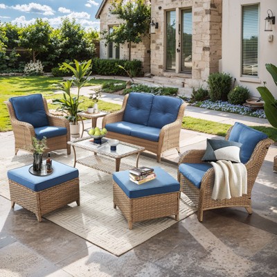 Gymojoy 7 Piece Outdoor Wicker Loveseat Sofa with Patio Chairs with Coffee Table and Ottoman Sets