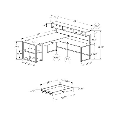 Contemporary White & Silver L-Shaped Computer Desk with Hutch and Drawer