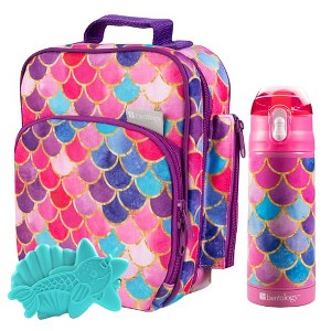 Bentology Kids Lunch Bag Set w Matching Reusable Water Bottle & Hard Ice Pack- Pink Purple Mermaid- Insulated Tote, Stainless Steel Insulated Thermos - 1 of 3