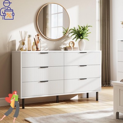 Jojoka Fluted 3 Drawer Dresser, Modern Wide Chest of Drawers with Metal Legs and Organizer for Bedroom Living Room Hallway, White