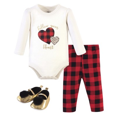 Little Treasure Baby Girl Cotton Bodysuit, Pant and Shoe 3pc Set, Buffalo Plaid Heart