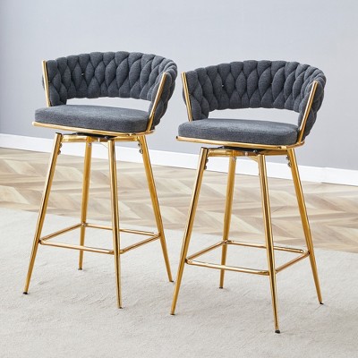 QingMoon Swivel Bar Stools Set of 2, Linen Upholstered Barstools, Modern Counter Height Chairs with Adjustable Non-Slip Foot Mat for Kitchen Island