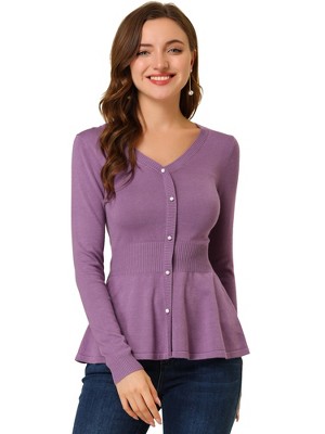 Allegra K Women's Slim Fit V-Neck Long Sleeve Ribbed Pullover Knitted Peplum Sweater