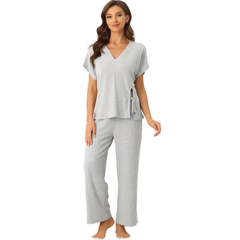 cheibear Women's Lounge Outfits Ribbed Knit Short Sleeve Sleepshirt with Pants Soft Casual Pajama Sets, 1 of 6