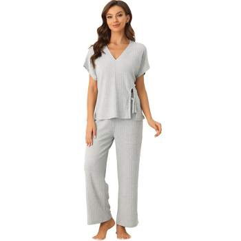 cheibear Women's Lounge Outfits Ribbed Knit Short Sleeve Sleepshirt with Pants Soft Casual Pajama Sets