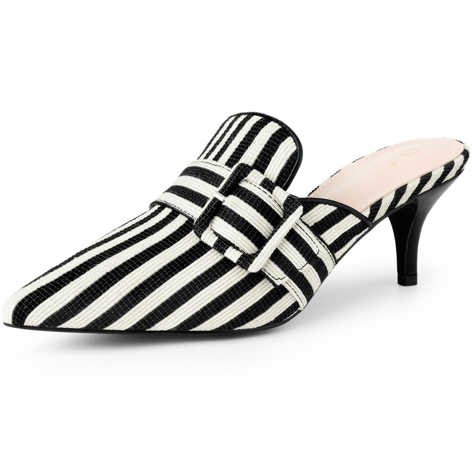 BLISSFUL STEP Women's Stripe Slip on Pointed Toe Kitten Heels Slides Mules