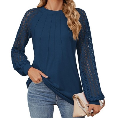 Lace Blouse Sheer Raglan Sleeve Tops Crew Neck Long Sleeve Pleated Tee Blouse Elegant Tops Casual Tops
