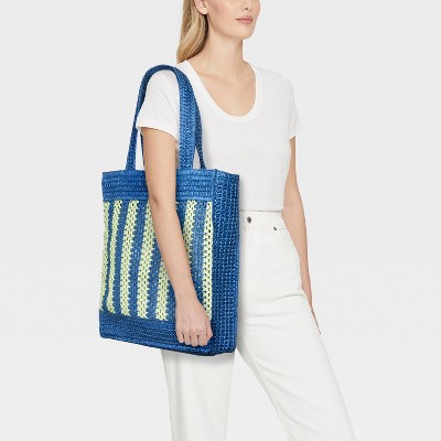 Universal Thread Crochet Tote Handbag - Universal Thread™ Blue/Green Striped Straw: Paper Shell, Double Handle, Unstructured — фото 2